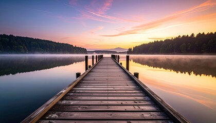Obraz premium Misty Lake Scenery with Wooden Pier Reflecting Sunrise in Calm Water Surface with Forest Background and Warm Sky in Morning Light