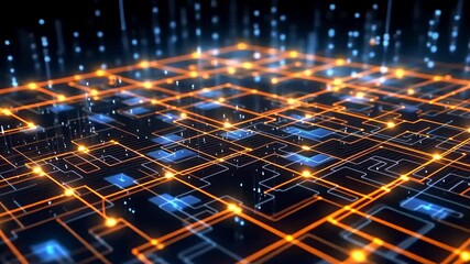 Futuristic circuit board with glowing lines, viewed from a high angle. The digital video style emphasizes a tech-driven, modern concept. - Powered by Adobe