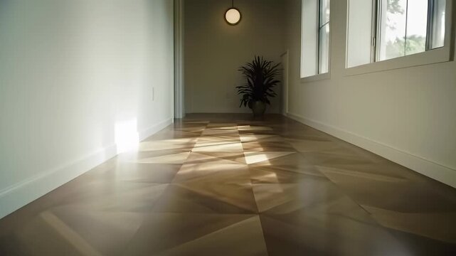 Hallway with sunlit geometric parquet flooring, casting intricate shadows, creates a bright modern interior featuring green plants.