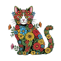 Whimsical cat composed of vibrant colorful flowers and green leaves isolated on a transparent background