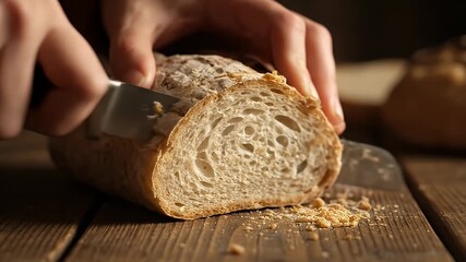 Close-up of hands slicing a rustic loaf of artisanal bread on a wooden table, fresh baked goods - Powered by Adobe