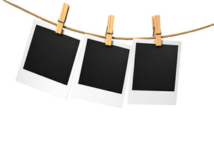 Hanging Polaroid Photo Frames on String with Clips Isolated on Transparent Background PNG