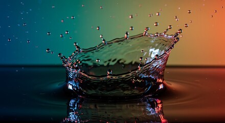 A dynamic water splash captured midair with vibrant, colorful lighting creating a mesmerizing effect