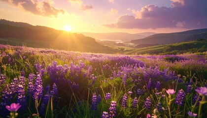 Naklejka premium Golden Sunset Over a Lavender Meadow with Rolling Hills and Dramatic Sky
