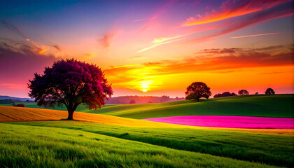 Vibrant Countryside Sunset – Rolling Fields with Magenta Accent