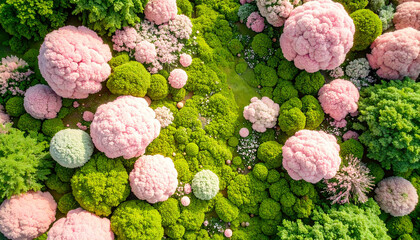 Aerial Blooming Garden – Pink and Green Top-Down Botanical Pattern
