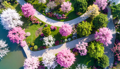 Cherry Blossom Park from Above – Winding Paths and Spring Trees