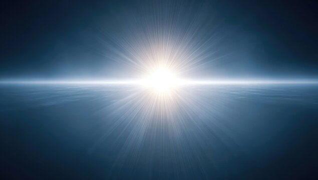 A dramatic celestial scene portrays a brilliant light source radiating outward from a horizon line, illuminating a vast expanse of dark space.