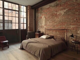 Fototapeta premium Minimalist Iron Bed Frame Simple Elegance in a Modern Bedroom