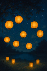 Fototapeta premium Night scene with lanterns and lake