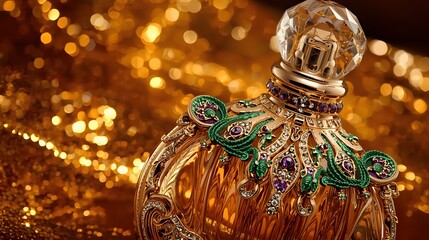perfume bottle painted in intricate detail against a backdrop of shimmering amber. The bottle shines with golden accents, its curves reflecting the light in a captivating display of luxury.