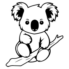 Illustration of a cute koala bear sitting on a branch with fluffy ears and a big black nose design
