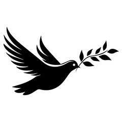 Black silhouette of a dove in flight carrying an olive branch symbolizing peace and hope in the world