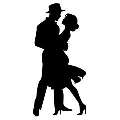 Silhouette of a man in a hat dancing with a woman in a dress in a romantic pose on a white background