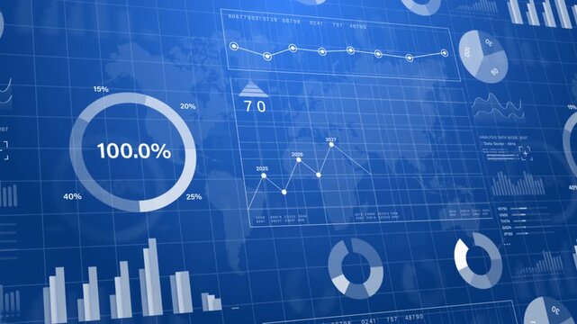 Digital analytics dashboard interface with business charts, graphs, and financial data visualization for performance tracking and forecasting.