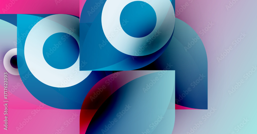 Poster abstract composition. overlapping circles, squares create dynamic visual effect. pink, blue hues dom