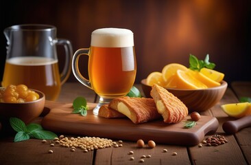 a glass of beer, delicious food, a bar. Beer festival. Oktoberfest. Folklore festival in Germany.