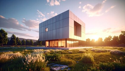 Fototapeta premium Modern Concrete Cube House at Golden Hour with Grass Field and Trees Under a Blue Sky with a Sunny Warm Lighting
