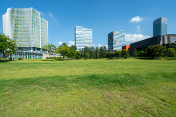 Park lawns and modern office buildings in technology parks