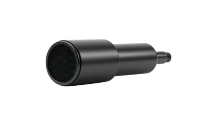 Black metallic microphone shines, showcasing smooth surface, suited for product display, tech presentations, or stylish social media.
