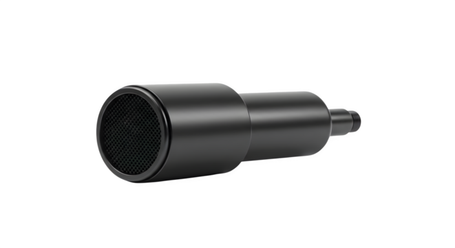 Black metallic microphone shines, showcasing smooth surface, suited for product display, tech presentations, or stylish social media.