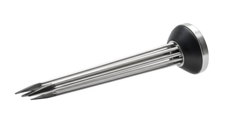 Silver metal skewers, black leather end, spotlight, food photography, branding, cooking tutorial, culinary demonstration, catering, grilling, stainless steel, food preparation.