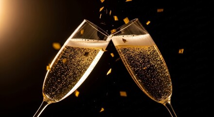 Two champagne glasses toasting with sparkling gold confetti © Jnanesh