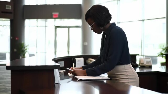 Focused Black woman receptionist diligently working at a modern office desk, managing administrative tasks and paperwork in a bright business lobby.