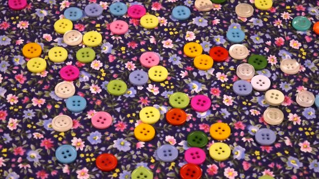 Multi-colored plastic buttons lie on a cotton navy fabric with a small floral pattern, top view, rotation, background