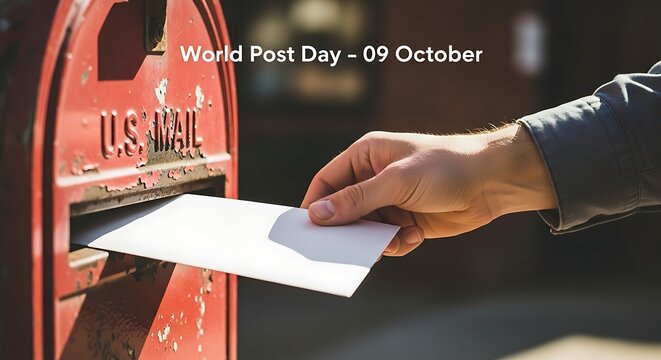 Hand mailing a letter into a red us mailbox for world post day - Powered by Adobe