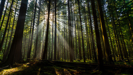 Fototapeta premium Sunbeams pierce through the dense canopy of a tall evergreen forest, illuminating the misty air and casting dramatic shadows on the forest floor