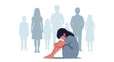 Sad Girl Feeling Lonely and Isolated Mental Health Depression Social Anxiety Vector Illustration