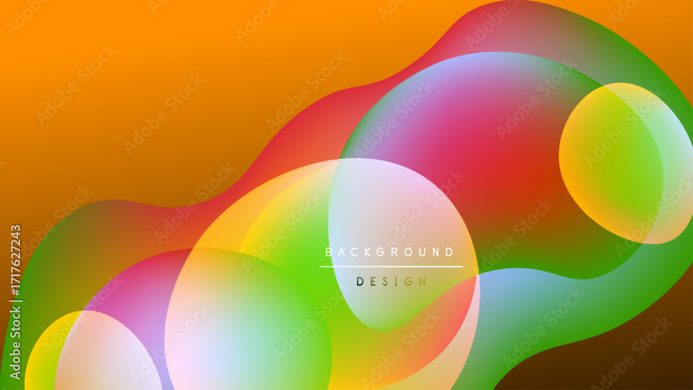 Poster abstract colorful shapes overlap, creating vibrant visual effect. orange background contrasts with t