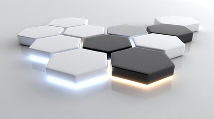 Hexagonal tiles in black and white with glowing light accents