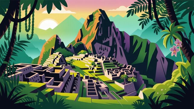 Colorful illustration of Machu Picchu with mountains