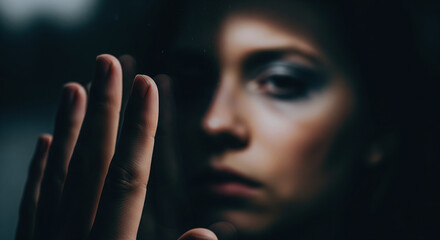 A tired person's hand touching their own reflection in a dark mirror or window at night a concept of self reflection identity crisis and mental exhaustion from insomnia with copy space