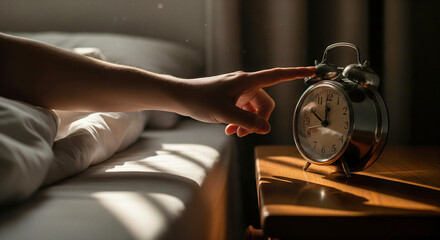 A tired person's hand reaching to turn off an alarm clock in the early morning a concept of insomnia sleeplessness and the struggle to wake up with copy space