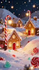 Magical Christmas illustration. Cozy gingerbread village with candy cane decorations.