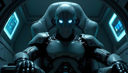 A black metal cyborg with a futuristic helmet and armor looks towards the future in a dark, cyberpunk world