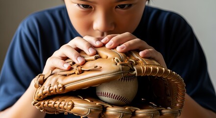 Young Asian boy holding baseball glove with focused expression