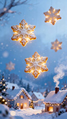Magical holiday ambiance : sugar cookie snowflakes falling over winter village.