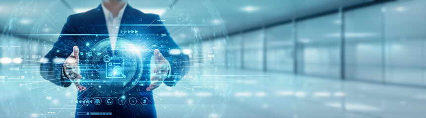 Assessment person holds a global evaluation. globe with network connected assessment process...