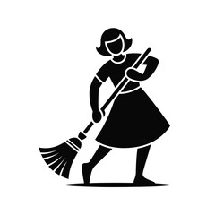 Classic black and white pictogram illustration of a woman sweeping with a broom clean vector art silhouette vector illustration white background