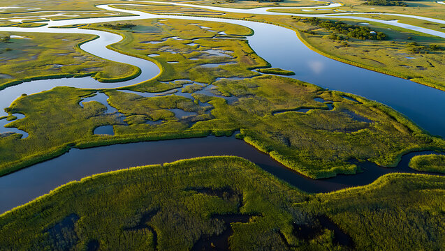 Aerial view of a winding river flowing through a lush green marshland under a soft sky