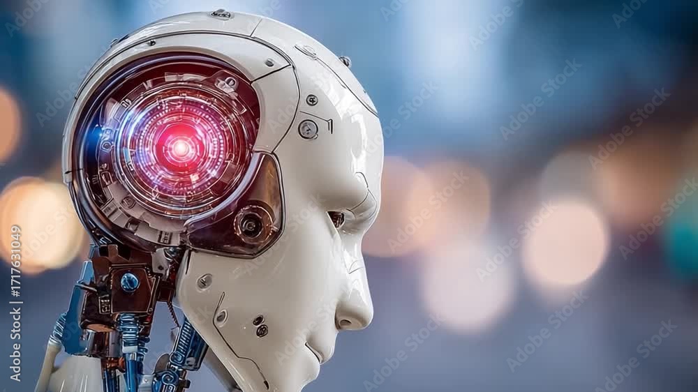 Aufkleber robot's gaze: a sophisticated robotic head with a futuristic design. it’s detailed metallic componen