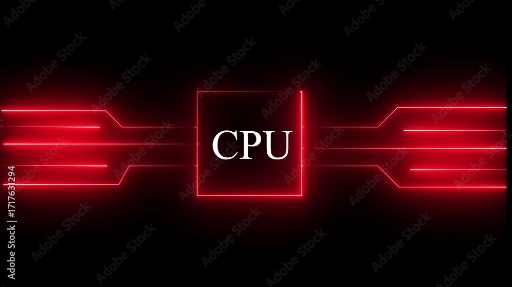 Fototapete glowing neon multicolor cpu circuit board background. computer motherboard with cpu icon , processor