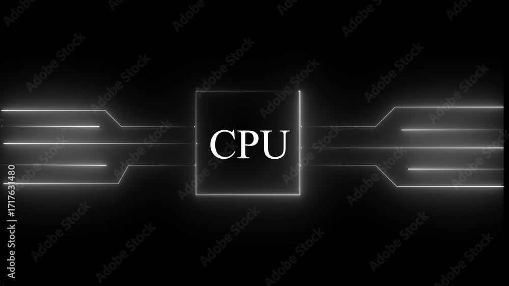 Fototapete glowing neon multicolor cpu circuit board background. computer motherboard with cpu icon , processor