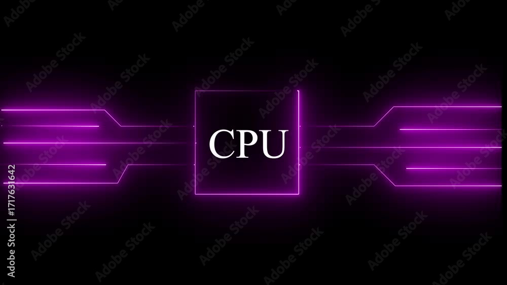 Fototapete glowing neon multicolor cpu circuit board background. computer motherboard with cpu icon , processor