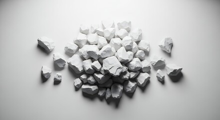 Pile of irregular white rocks with rough textures isolated on a plain background, concept for mineral specimens, artistic compositions and geology studies