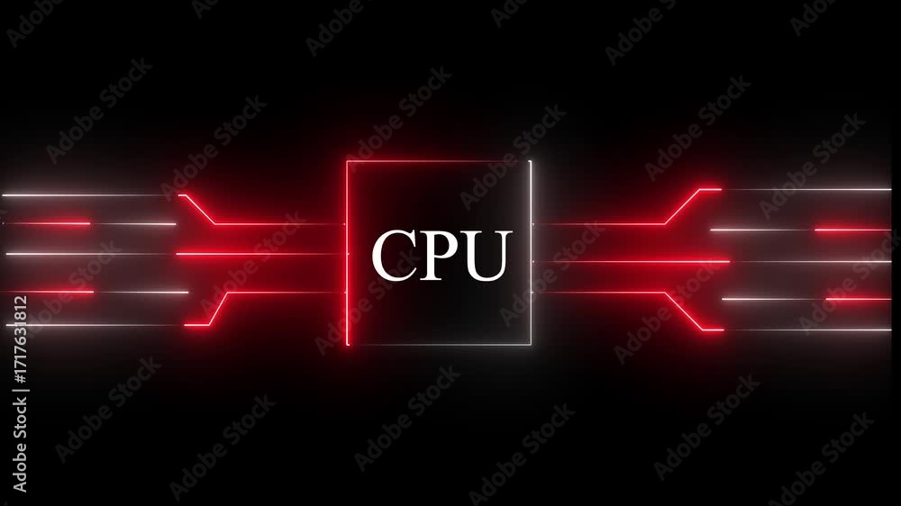 Fototapete glowing neon multicolor cpu circuit board background. computer motherboard with cpu icon , processor